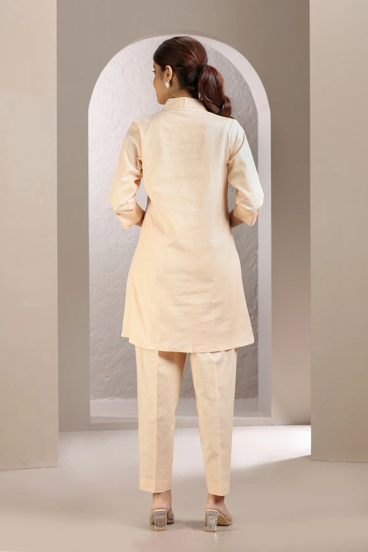 Light Peach Slub Cotton Embroidered Straight Kurta and Pant Set for women and girls