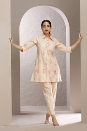 Light Peach Slub Cotton Embroidered Straight Kurta and Pant Set for women and girls