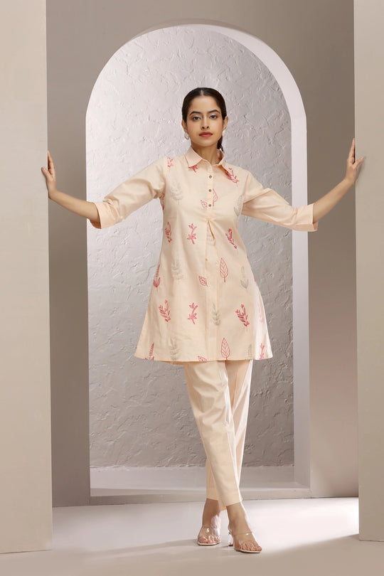 Light Peach Slub Cotton Embroidered Straight Kurta and Pant Set for women and girls