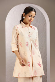 Light Peach Slub Cotton Embroidered Straight Kurta and Pant Set for women and girls