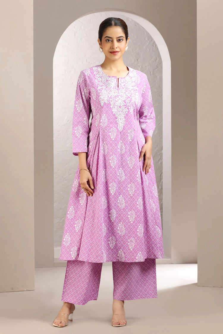 Light Purple Jaipuri Cotton Embroidered A Line Kurta and Pant Set