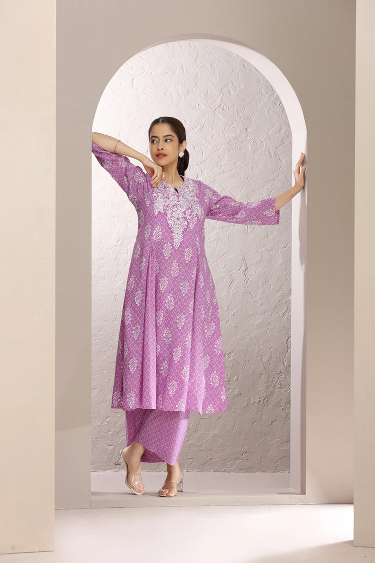 Light Purple Jaipuri Cotton Embroidered A Line Kurta and Pant Set