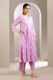 Light Purple Jaipuri Cotton Embroidered A Line Kurta and Pant Set