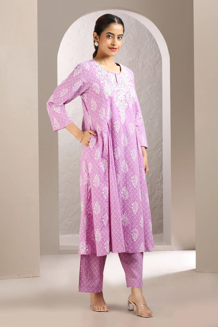 Light Purple Jaipuri Cotton Embroidered A Line Kurta and Pant Set