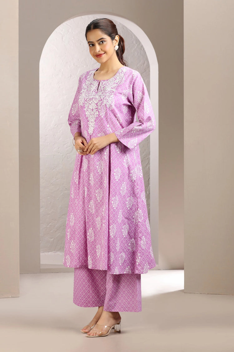 Light Purple Jaipuri Cotton Embroidered A Line Kurta and Pant Set