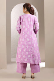 Light Purple Jaipuri Cotton Embroidered A Line Kurta and Pant Set