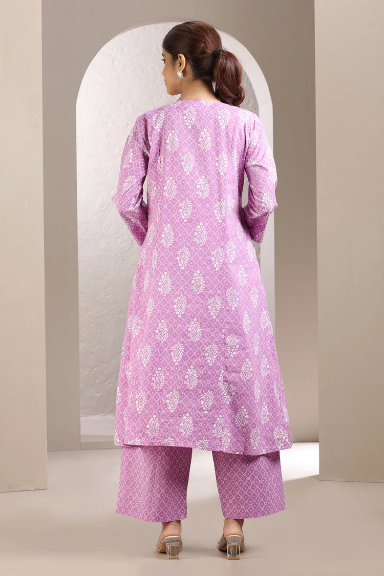 Light Purple Jaipuri Cotton Embroidered A Line Kurta and Pant Set