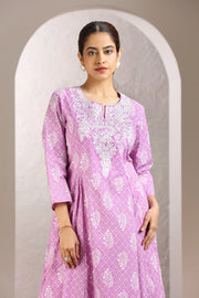 Light Purple Jaipuri Cotton Embroidered A Line Kurta and Pant Set