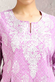 Light Purple Jaipuri Cotton Embroidered A Line Kurta and Pant Set