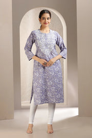 Light Purple Jaipuri Cotton Print & Embroidered Straight Kurta