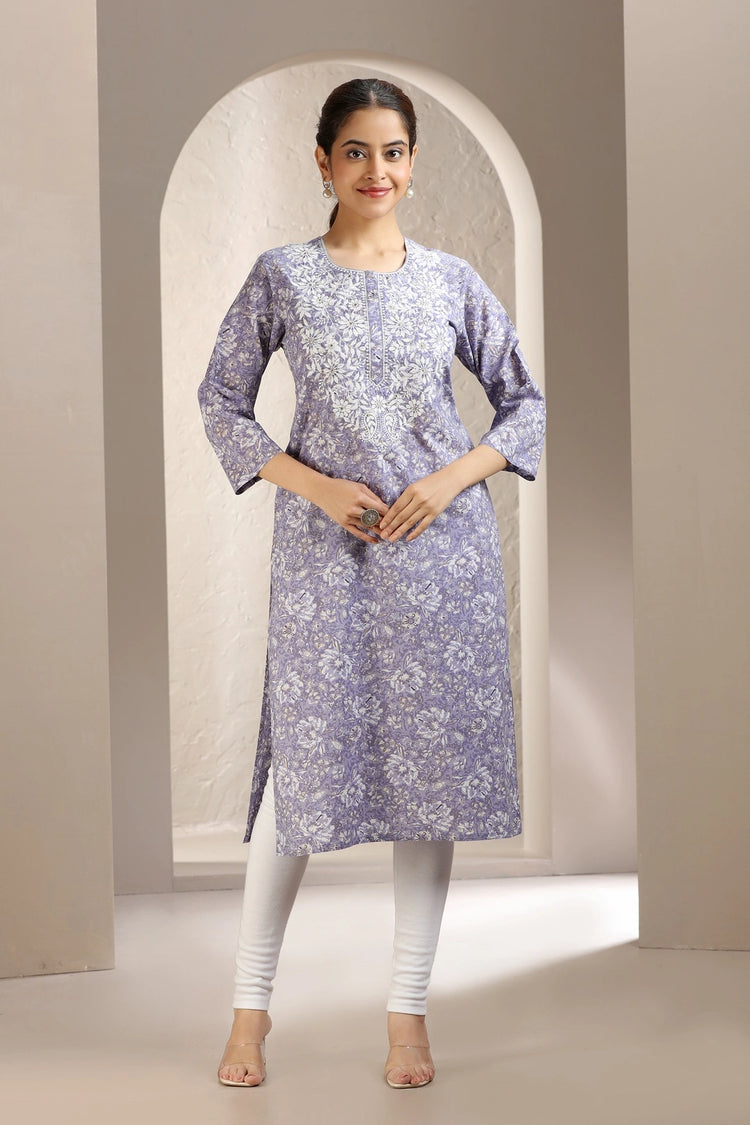 Light Purple Jaipuri Cotton Print & Embroidered Straight Kurta