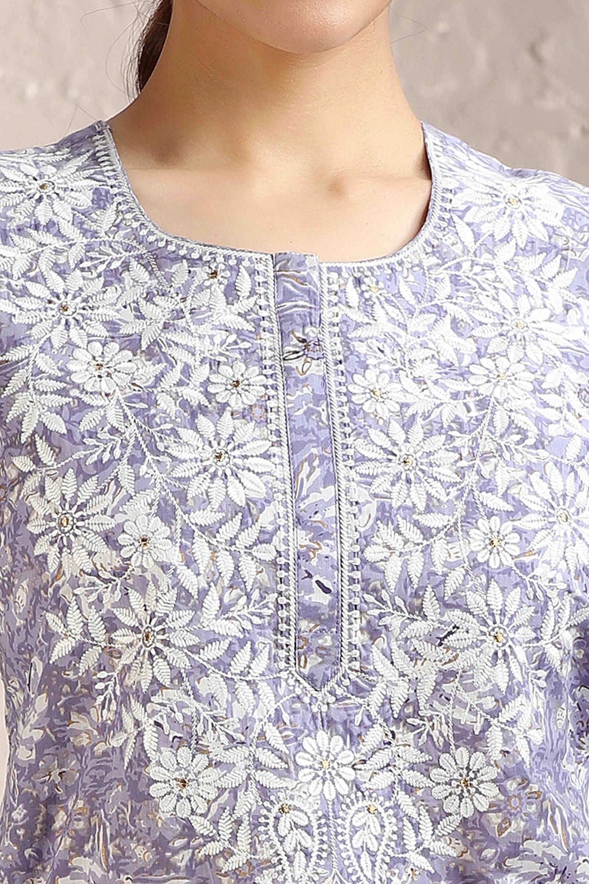 Light Purple Jaipuri Cotton Print & Embroidered Straight Kurta