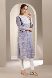 Light Purple Jaipuri Cotton Print & Embroidered Straight Kurta