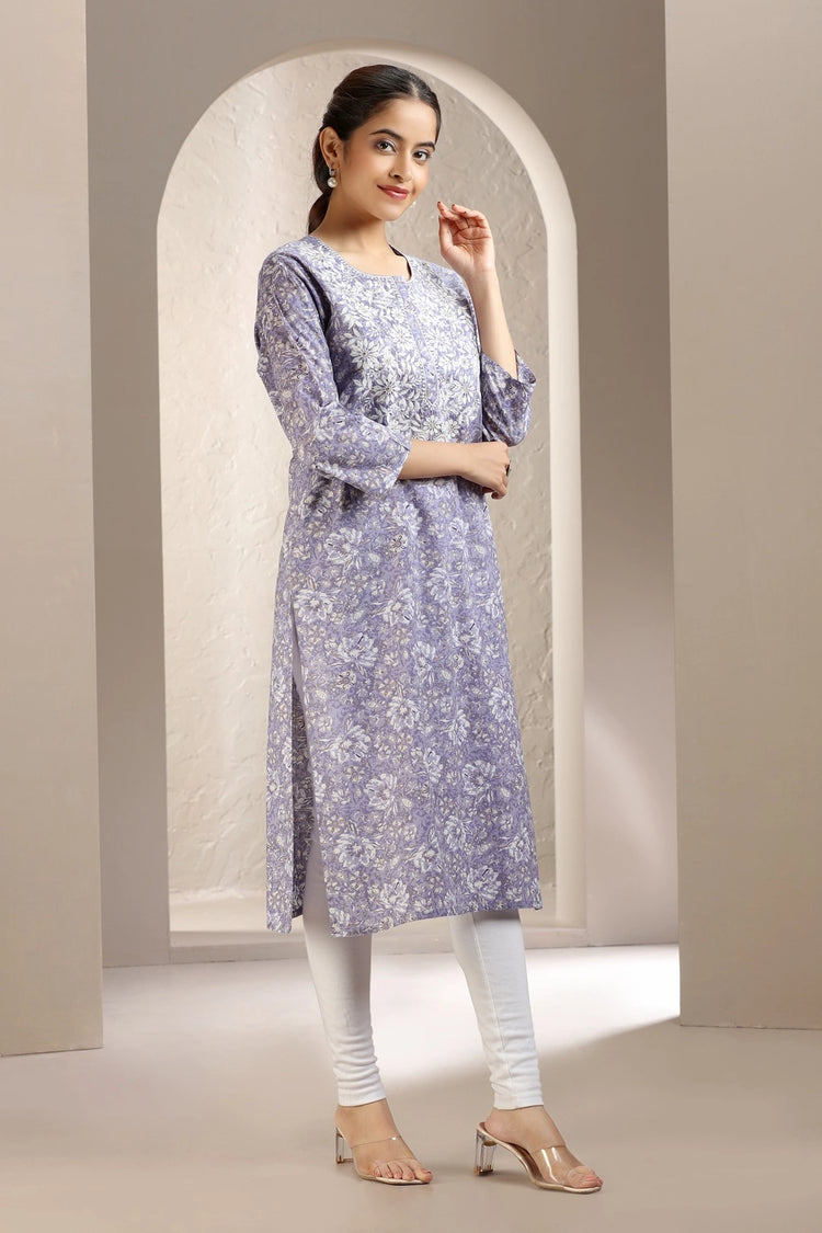 Light Purple Jaipuri Cotton Print & Embroidered Straight Kurta