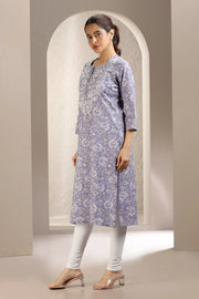 Light Purple Jaipuri Cotton Print & Embroidered Straight Kurta