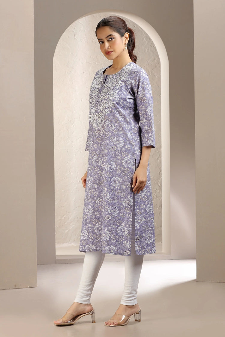 Light Purple Jaipuri Cotton Print & Embroidered Straight Kurta
