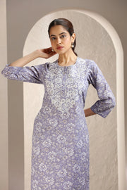 Light Purple Jaipuri Cotton Print & Embroidered Straight Kurta