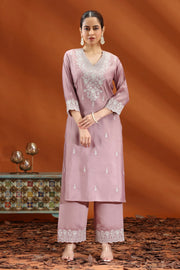 Light Purple Santoon Embroidered Straight Kurta and Pant Set for Women