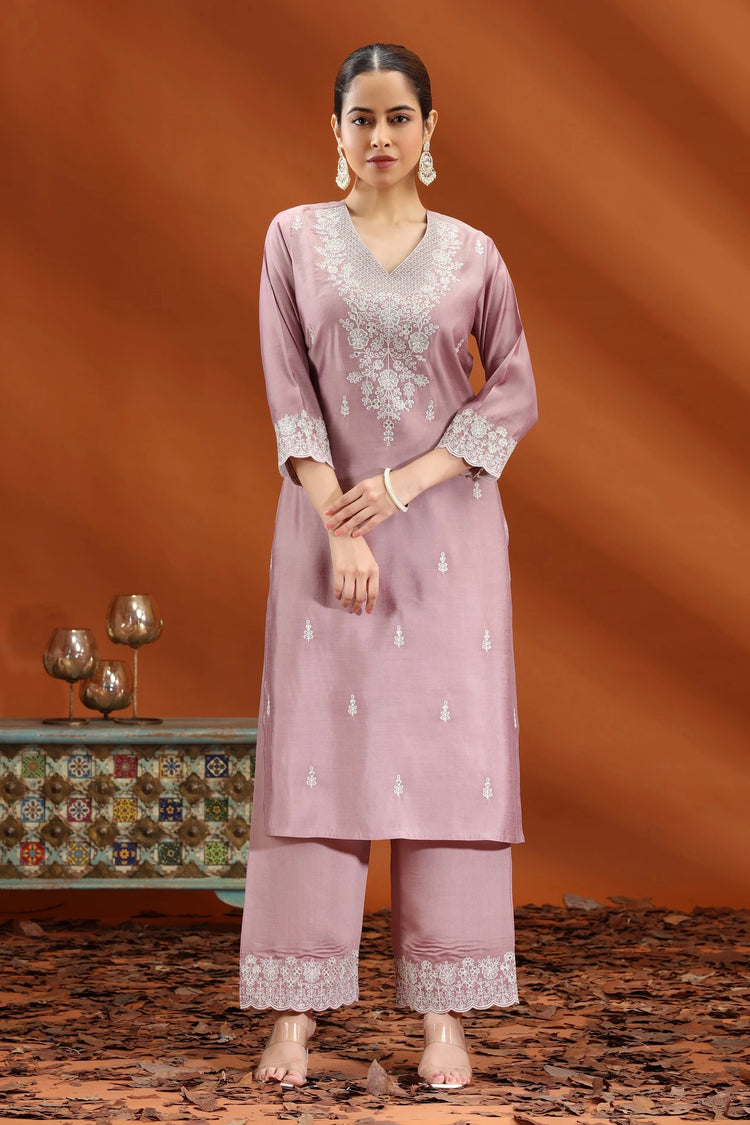 Light Purple Santoon Embroidered Straight Kurta and Pant Set for Women