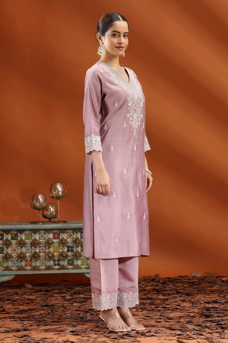 Light Purple Santoon Embroidered Straight Kurta and Pant Set for Women