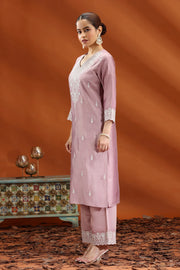 Light Purple Santoon Embroidered Straight Kurta and Pant Set for Women