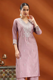 Light Purple Santoon Embroidered Straight Kurta and Pant Set for Women
