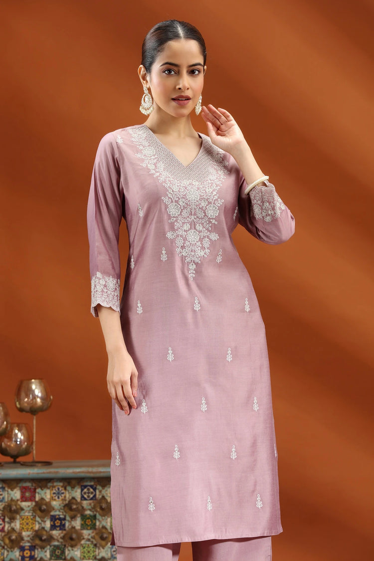 Light Purple Santoon Embroidered Straight Kurta and Pant Set for Women