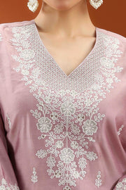 Light Purple Santoon Embroidered Straight Kurta and Pant Set for Women
