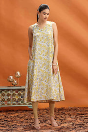 Light Yellow Flex Cotton Floral Printed A Line Sleeveless Kurta for women and girls