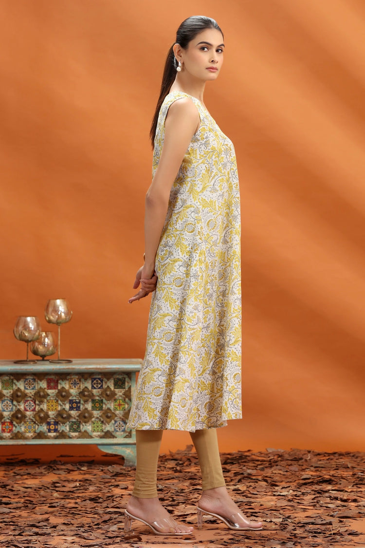 Light Yellow Flex Cotton Floral Printed A Line Sleeveless Kurta for women and girls