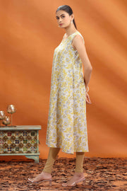 Light Yellow Flex Cotton Floral Printed A Line Sleeveless Kurta for women and girls