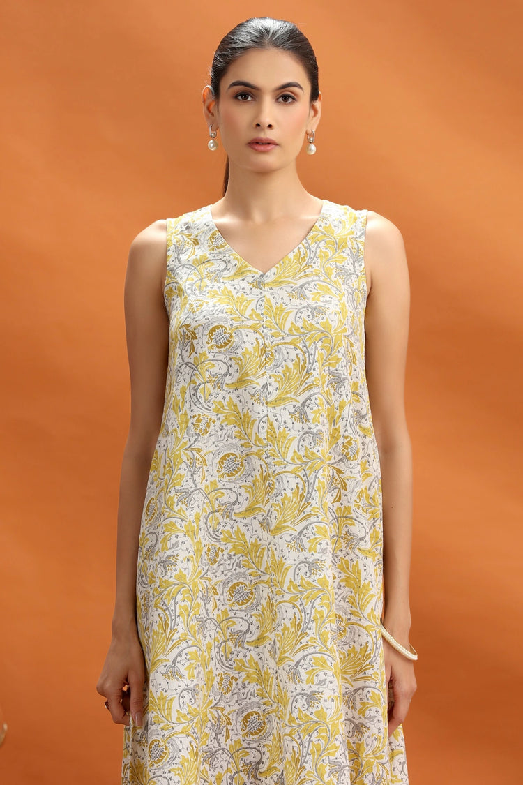 Light Yellow Flex Cotton Floral Printed A Line Sleeveless Kurta for women and girls