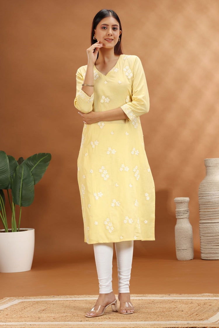 Light Yellow Flex Cotton Straight Embroidered Kurta for women and girls