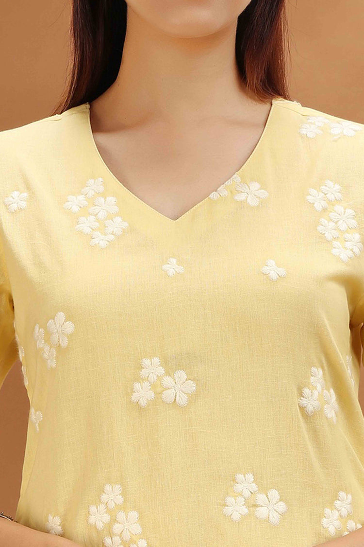 Light Yellow Flex Cotton Straight Embroidered Kurta for women and girls