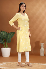 Light Yellow Flex Cotton Straight Embroidered Kurta for women and girls
