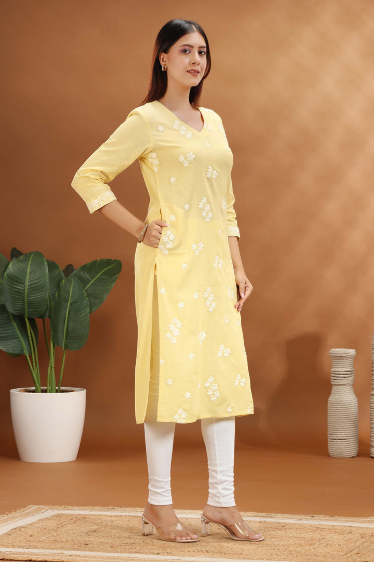 Light Yellow Flex Cotton Straight Embroidered Kurta for women and girls
