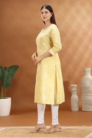 Light Yellow Flex Cotton Straight Embroidered Kurta for women and girls