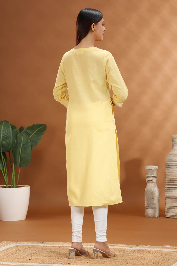 Light Yellow Flex Cotton Straight Embroidered Kurta for women and girls