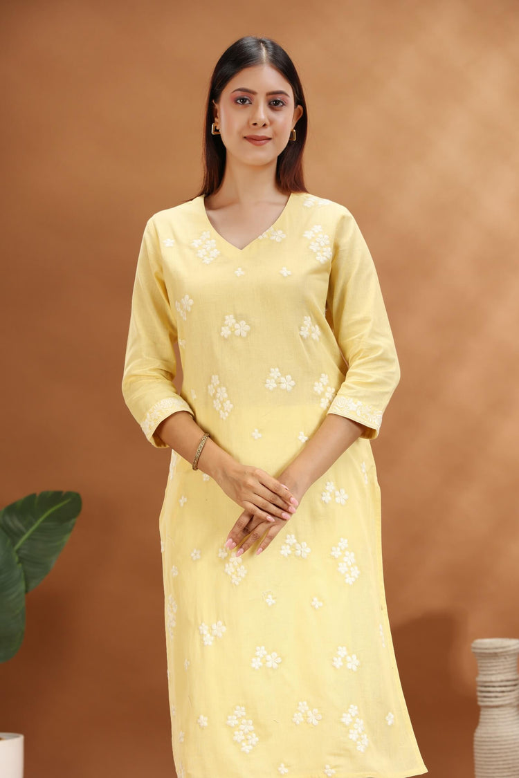 Light Yellow Flex Cotton Straight Embroidered Kurta for women and girls