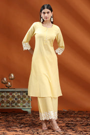 Light Yellow Flex Cotton Straight Embroidered Kurta and Pant Set for women and girls