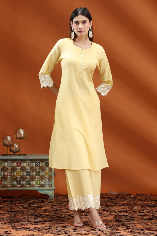 Light Yellow Flex Cotton Straight Embroidered Kurta and Pant Set for women and girls