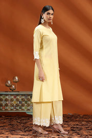 Light Yellow Flex Cotton Straight Embroidered Kurta and Pant Set for women and girls