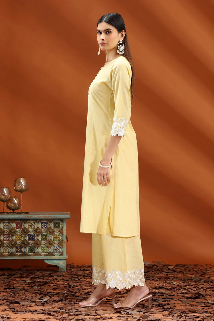 Light Yellow Flex Cotton Straight Embroidered Kurta and Pant Set for women and girls
