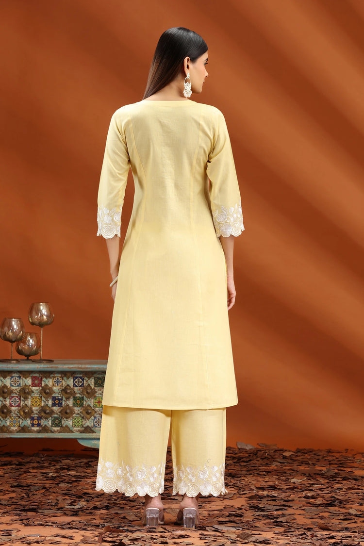 Light Yellow Flex Cotton Straight Embroidered Kurta and Pant Set for women and girls