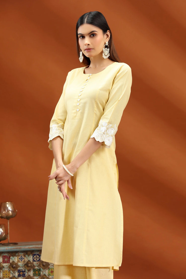 Light Yellow Flex Cotton Straight Embroidered Kurta and Pant Set for women and girls
