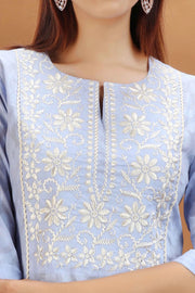 Light Blue Jacquard Cotton Straight Embroidered Kurta for women and girls