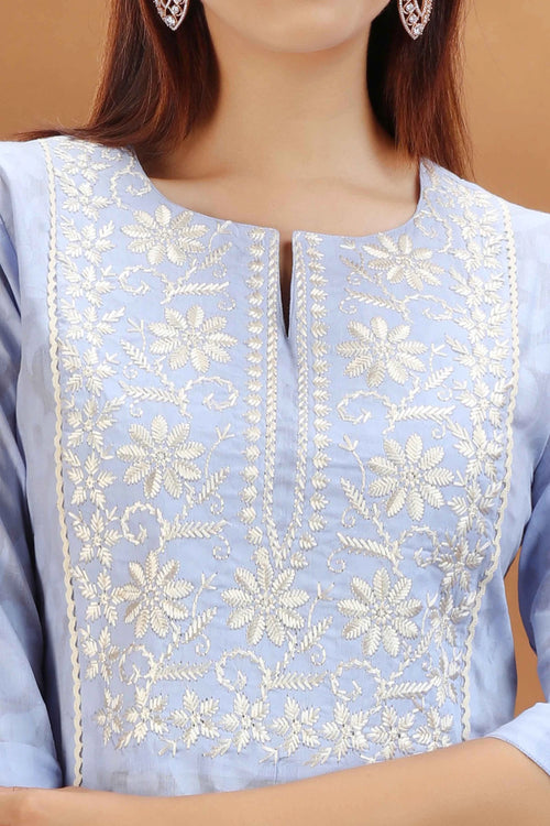 Light Blue Jacquard Cotton Straight Embroidered Kurta for women and girls