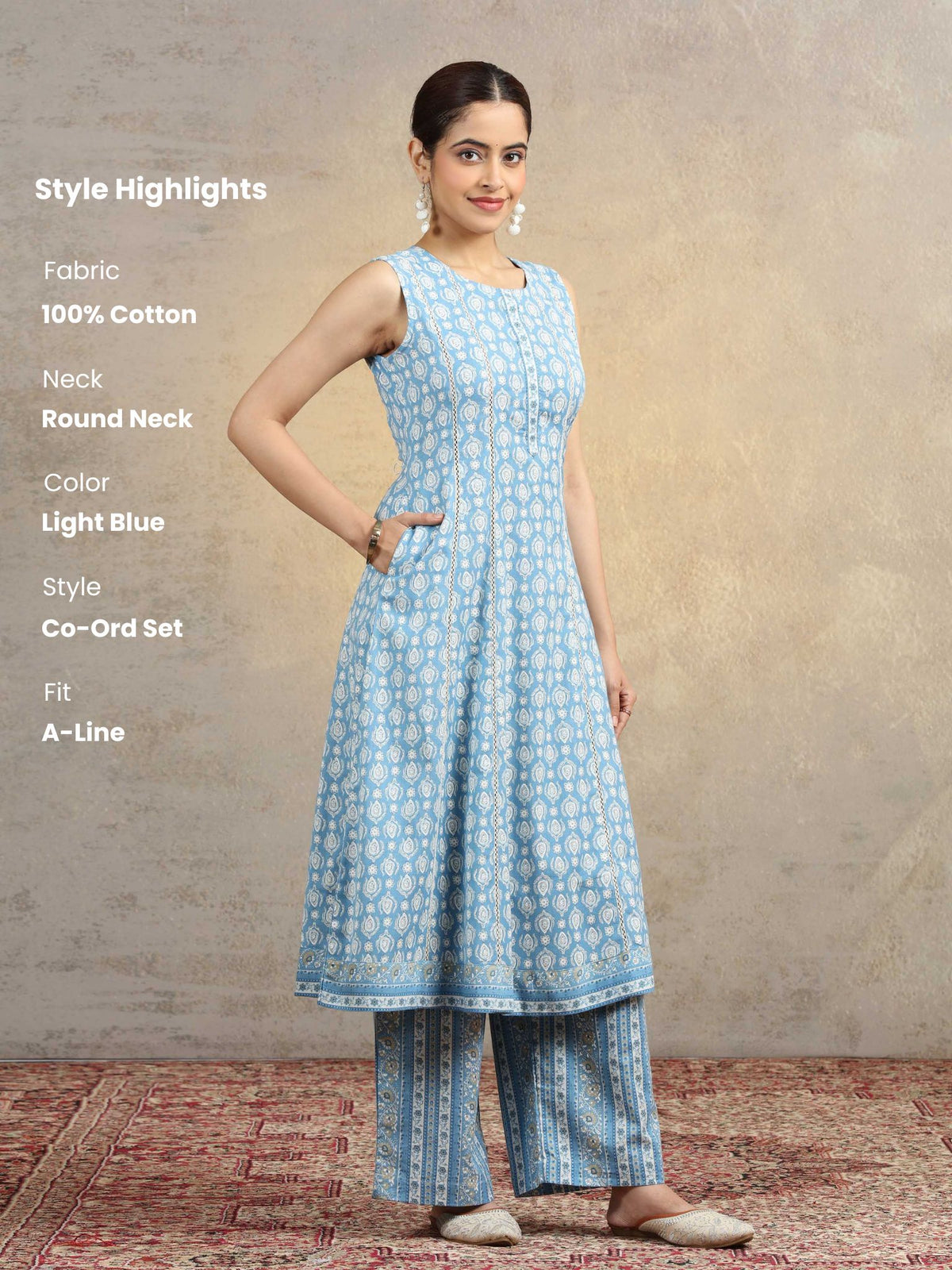 Light Blue Pure Cotton Printed Sleeveless A-Line Co-Ord Set