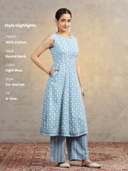 Light Blue Pure Cotton Printed Sleeveless A-Line Co-Ord Set