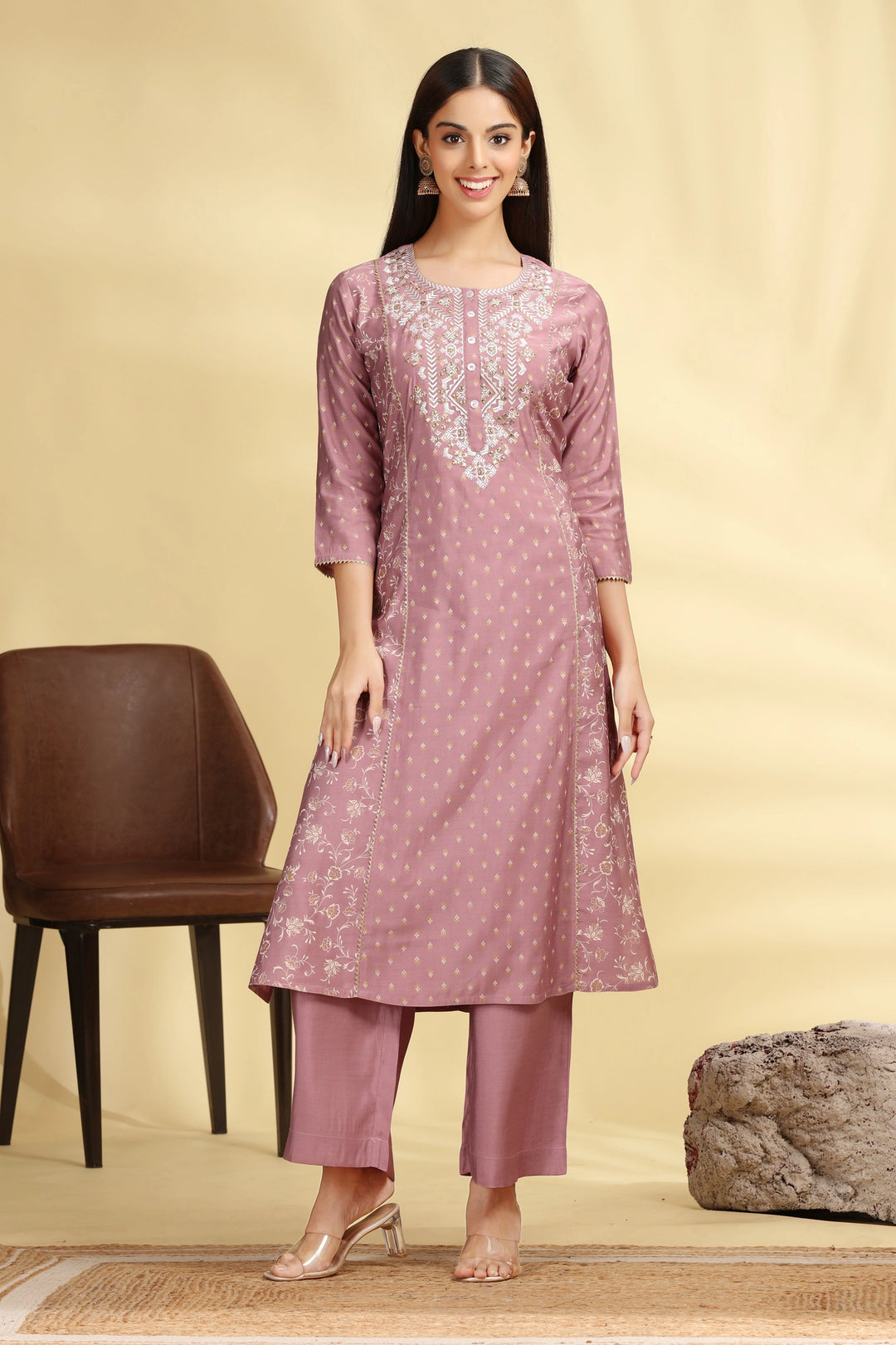 Lilac Roman Silk Embroidered Straight Kurta Pant Co ord Set for women